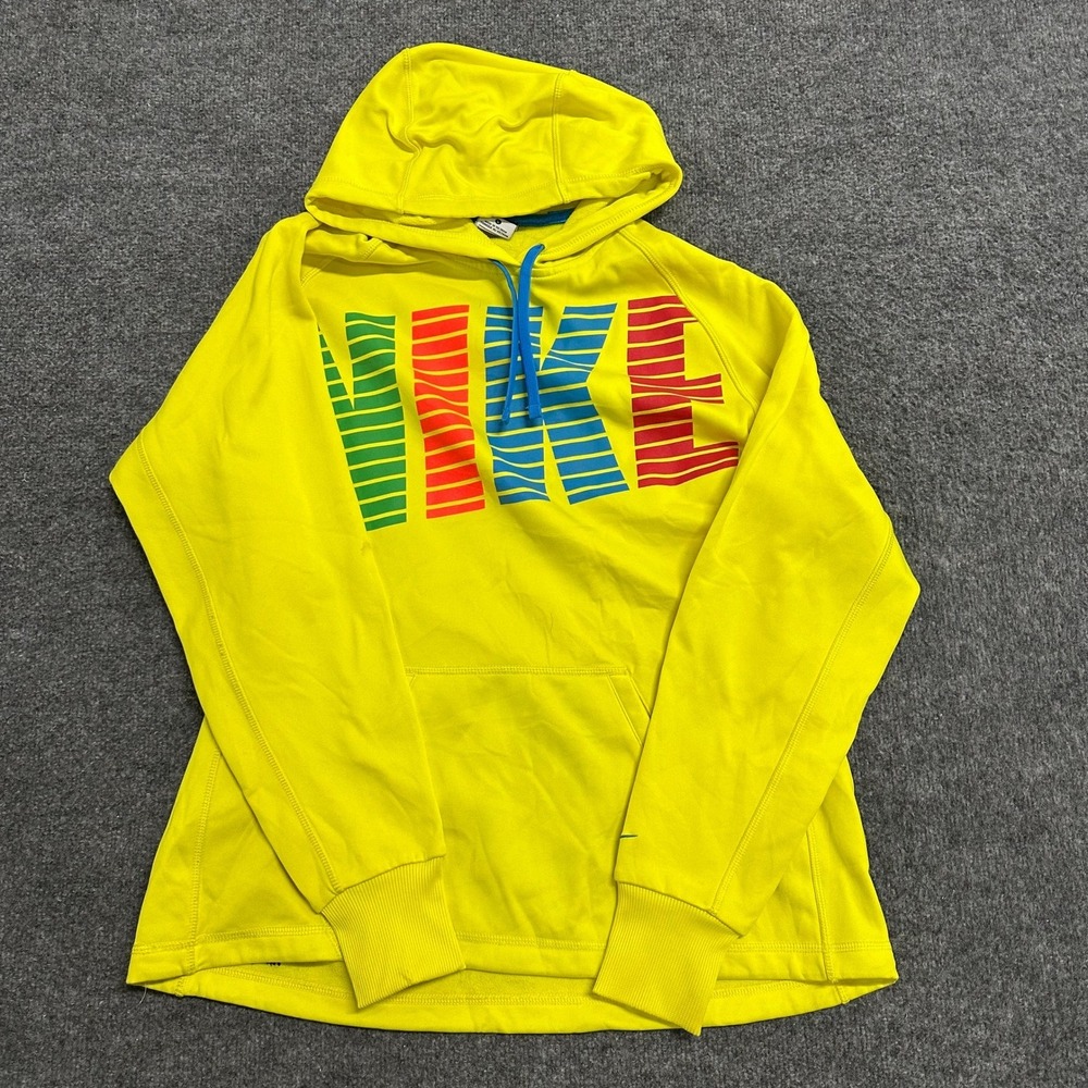 Nike Hoodie Womens Size L Yellow Therma-FIT Logo Pullover Athletic Sweat